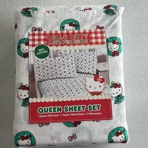 🆕 Hello Kitty Sheet Set Queen Festive Holiday Christmas Wreath